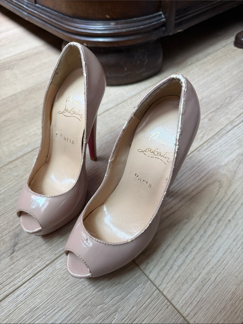 Christian Louboutin Nude Patent Leather Peep-Toe Pumps